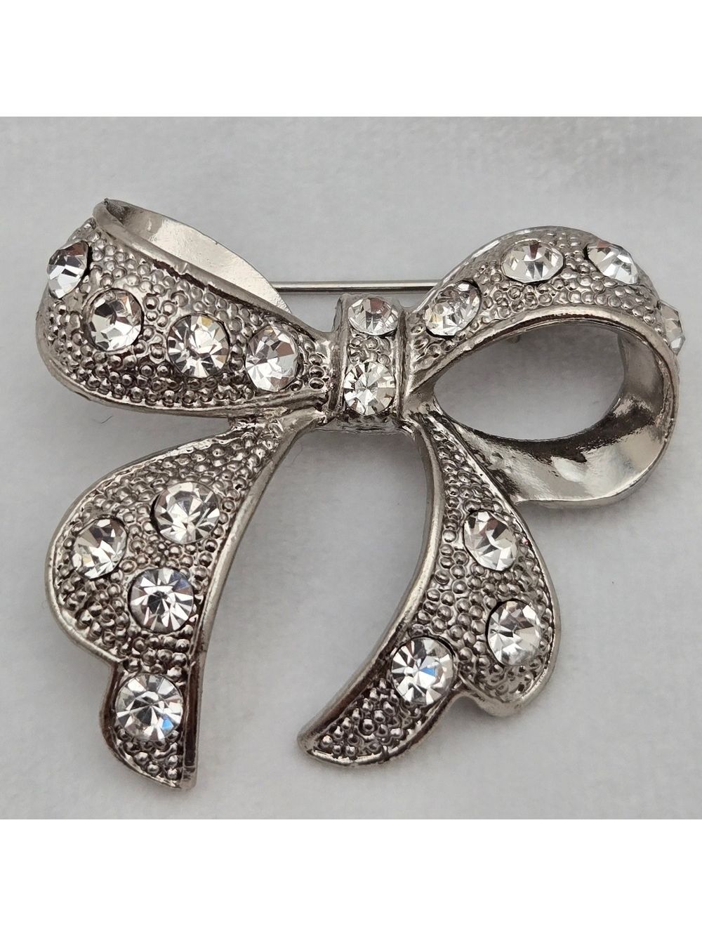 Vintage Silver-Tone Rhinestone Bow Brooch 1.5” x 1.5” Sparkling
